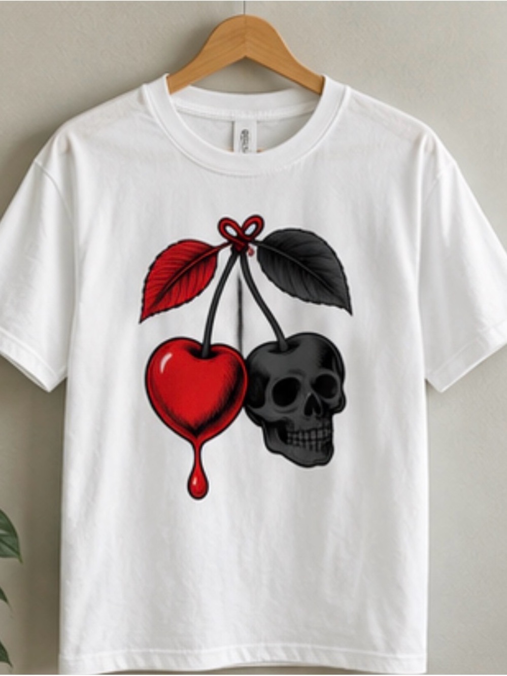 White Short-Sleeve Tee with Red Heart & Black Skull Graphic